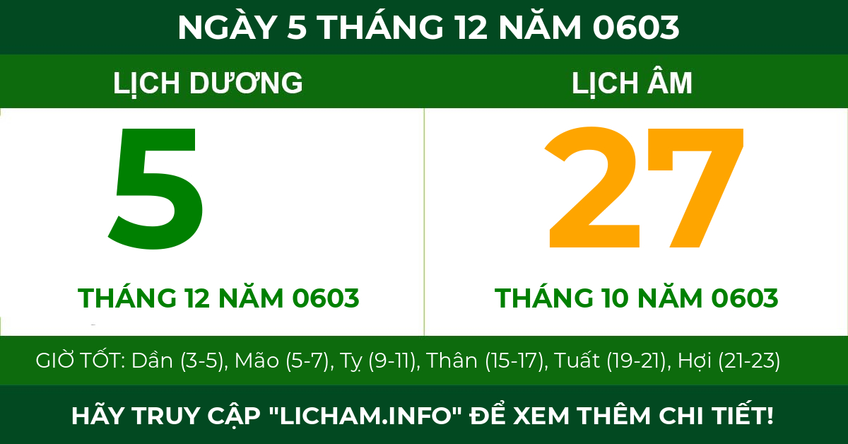 lịch âm ngày 5 tháng 12 năm 0603