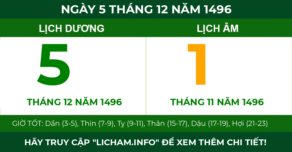 lịch âm ngày 5 tháng 12 năm 1496