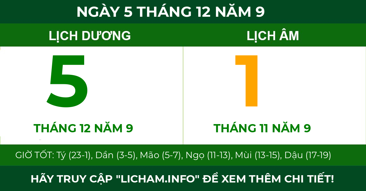 lịch âm ngày 5 tháng 12 năm 9
