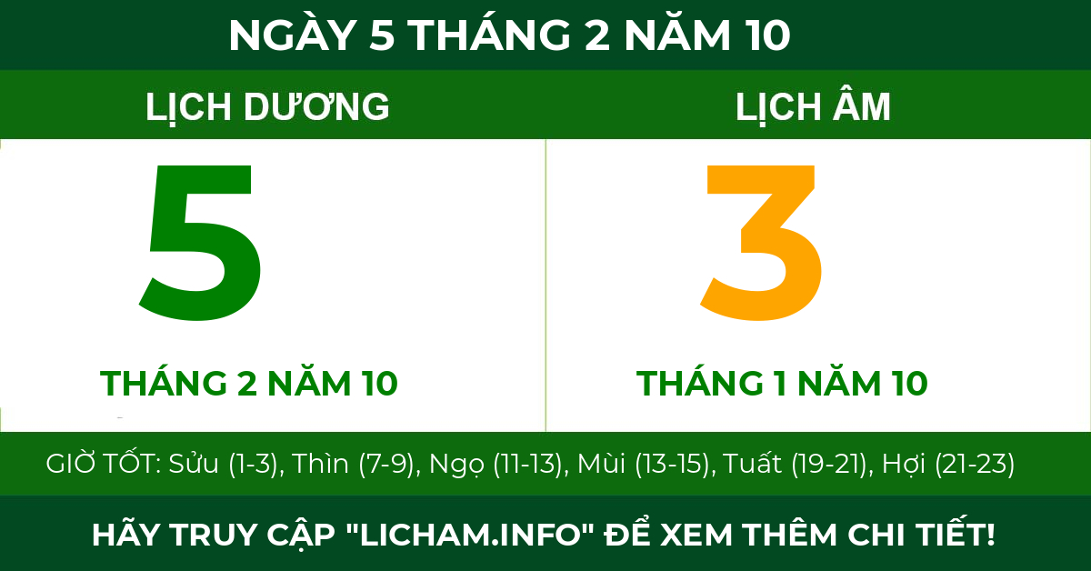 lịch âm ngày 5 tháng 2 năm 10