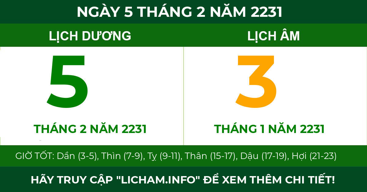 lịch âm ngày 5 tháng 2 năm 2231