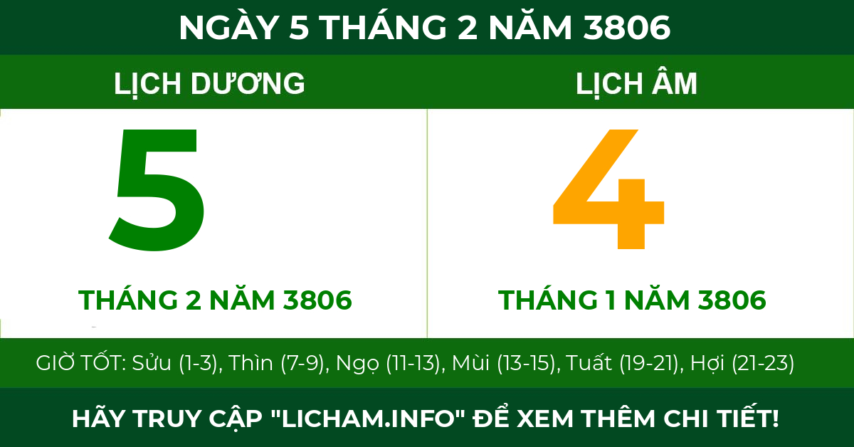 lịch âm ngày 5 tháng 2 năm 3806