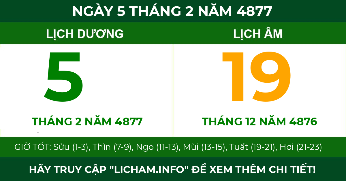 lịch âm ngày 5 tháng 2 năm 4877