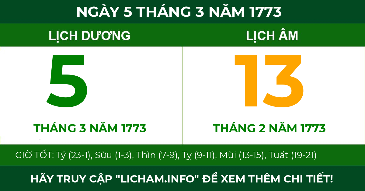 lịch âm ngày 5 tháng 3 năm 1773
