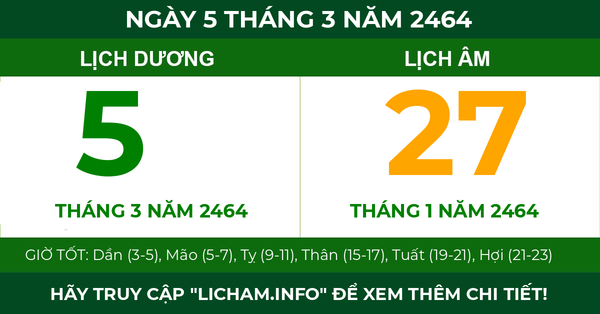lịch âm ngày 5 tháng 3 năm 2464