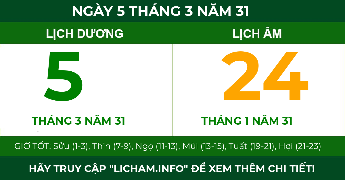 lịch âm ngày 5 tháng 3 năm 31