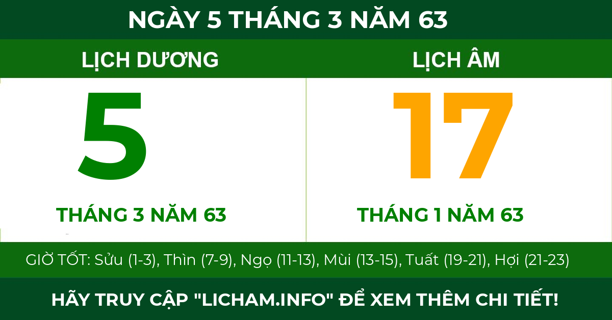 lịch âm ngày 5 tháng 3 năm 63