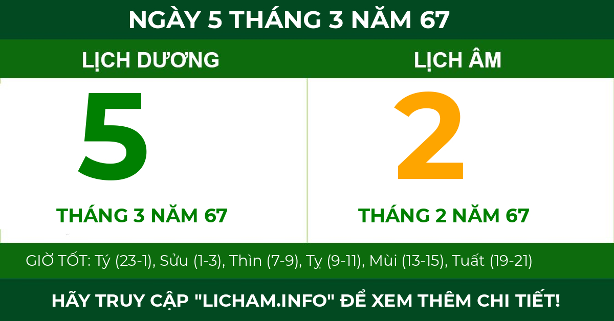 lịch âm ngày 5 tháng 3 năm 67