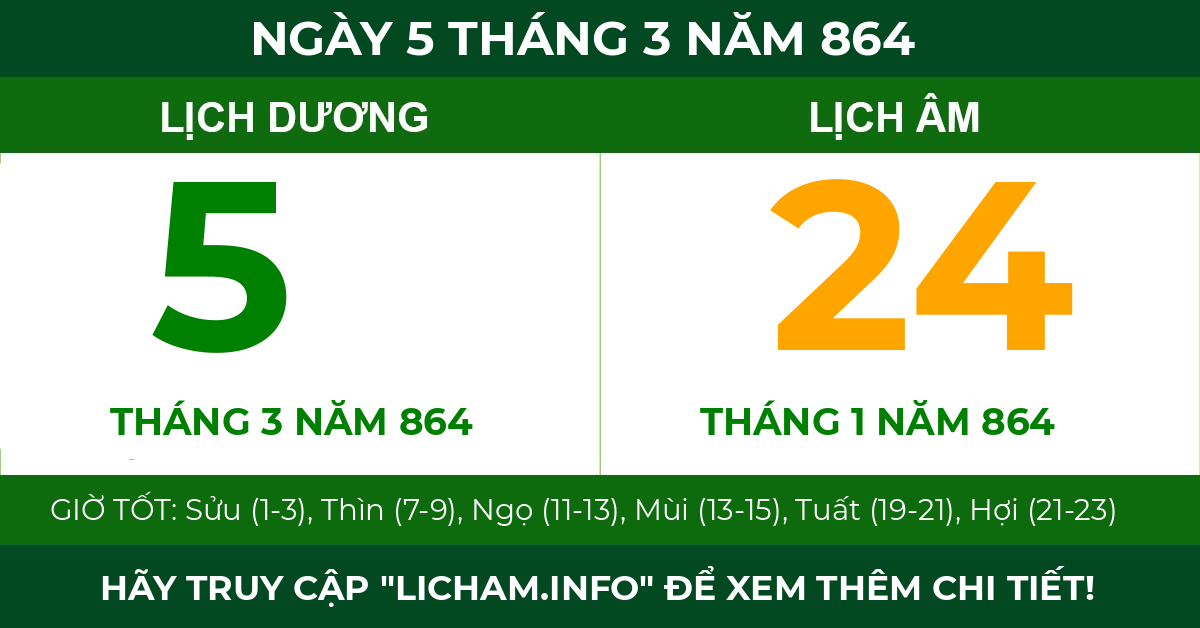 lịch âm ngày 5 tháng 3 năm 864