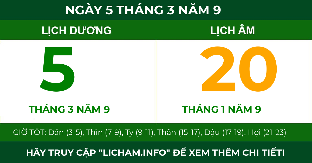 lịch âm ngày 5 tháng 3 năm 9
