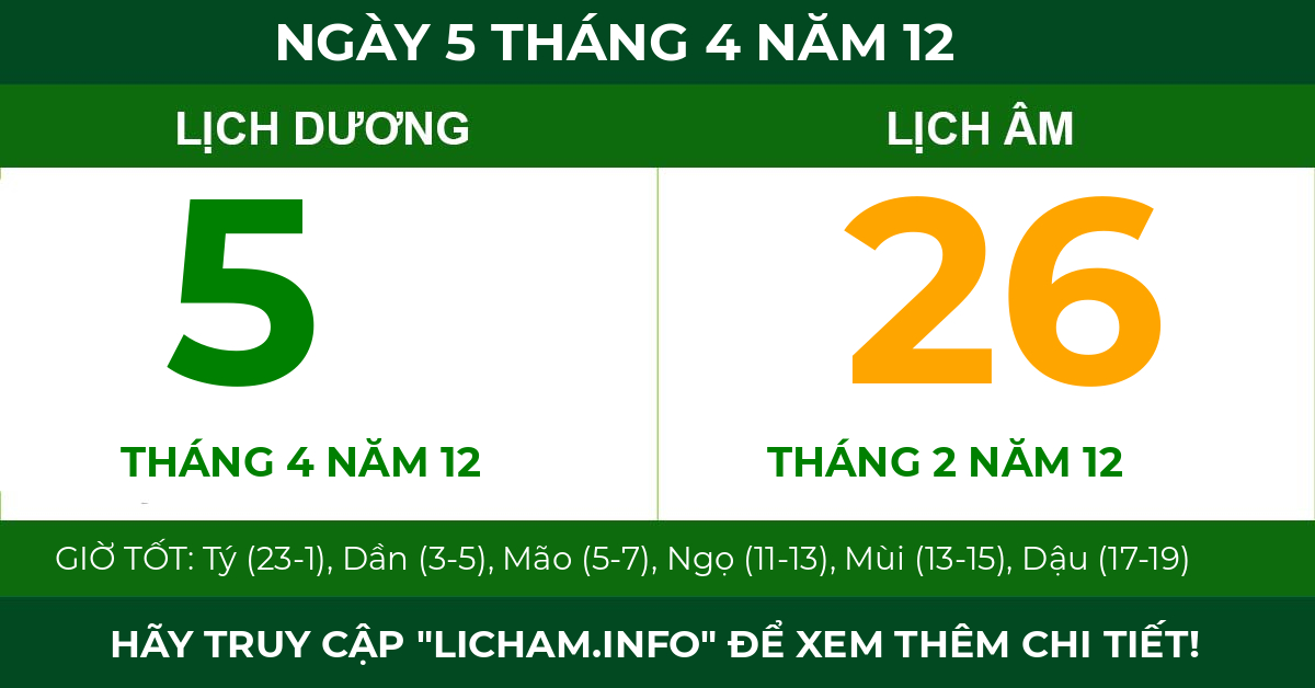 lịch âm ngày 5 tháng 4 năm 12
