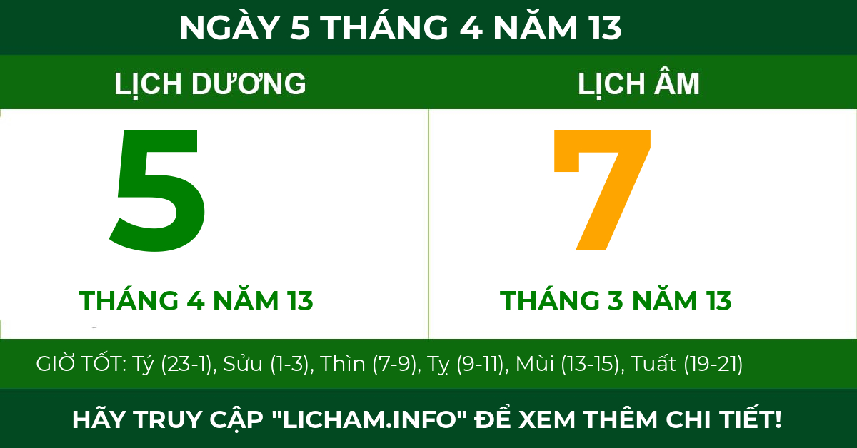 lịch âm ngày 5 tháng 4 năm 13