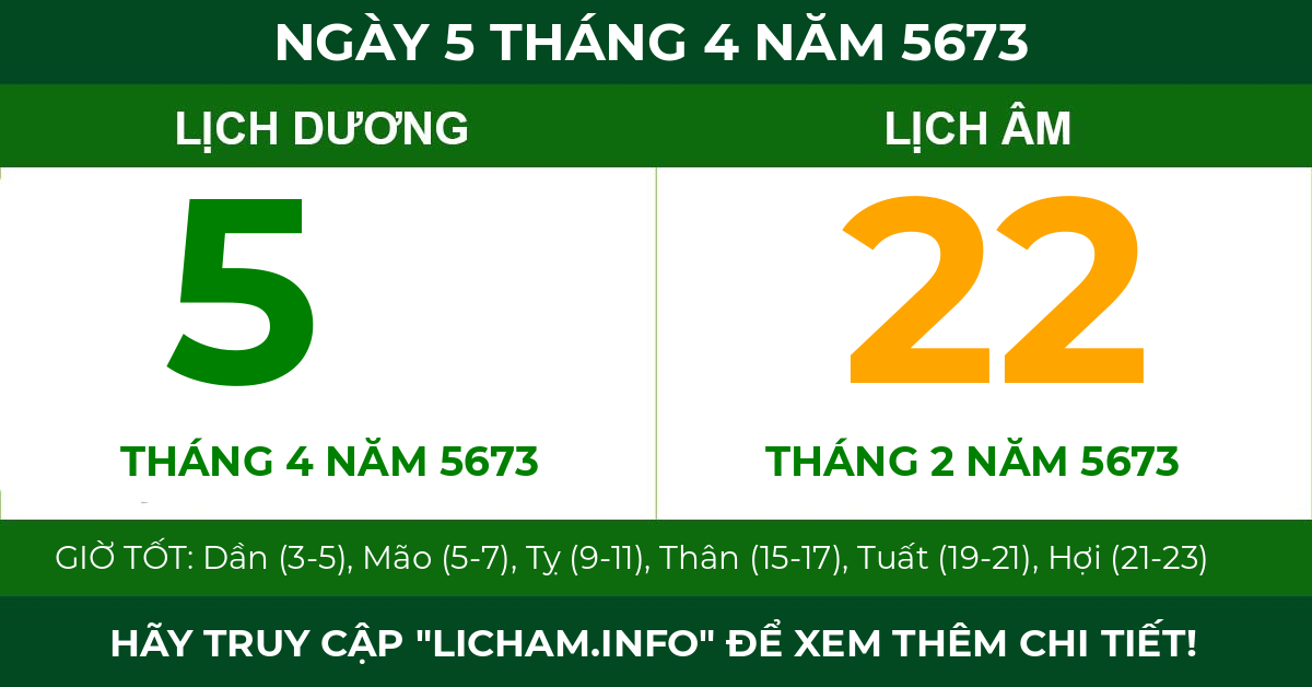 lịch âm ngày 5 tháng 4 năm 5673