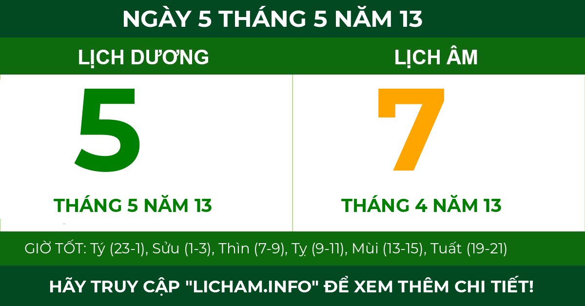 lịch âm ngày 5 tháng 5 năm 13