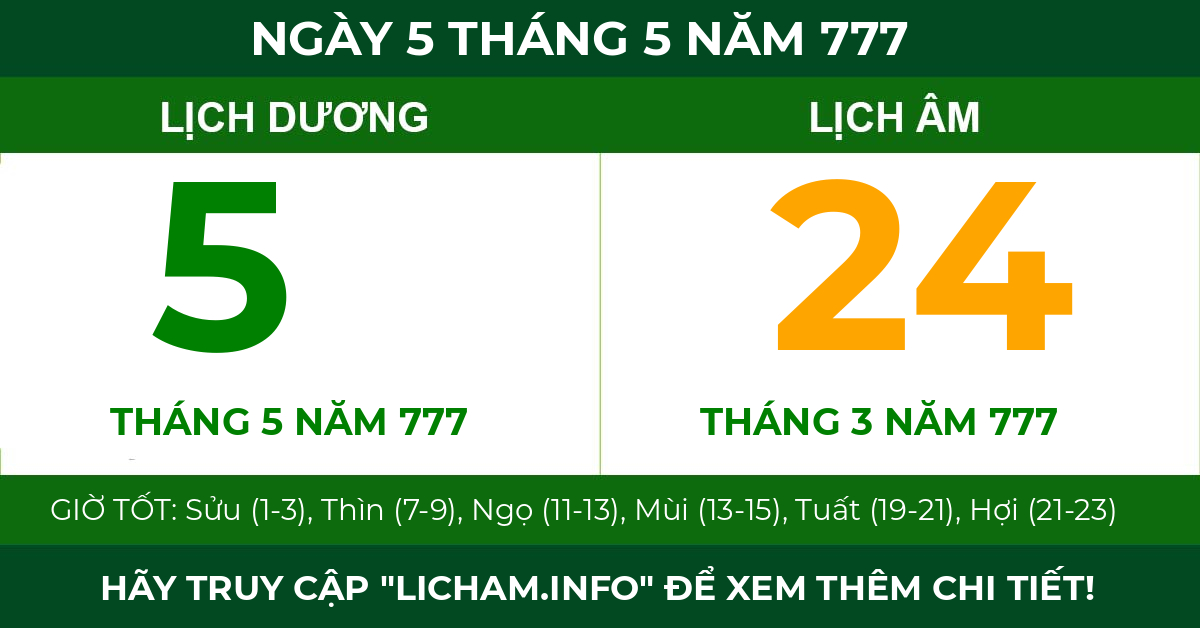 lịch âm ngày 5 tháng 5 năm 777