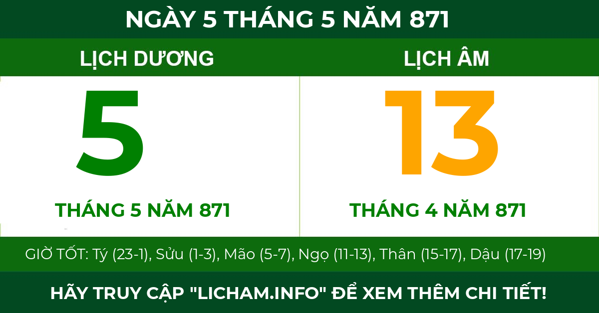 lịch âm ngày 5 tháng 5 năm 871