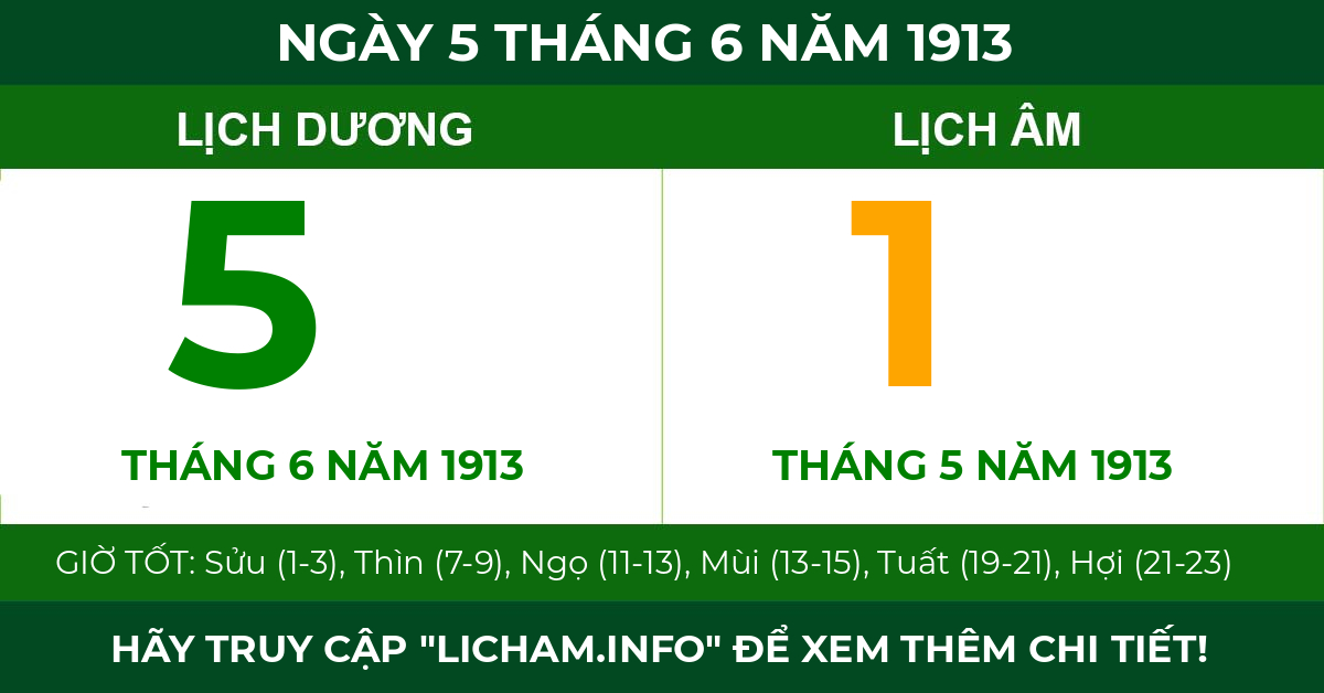 lịch âm ngày 5 tháng 6 năm 1913