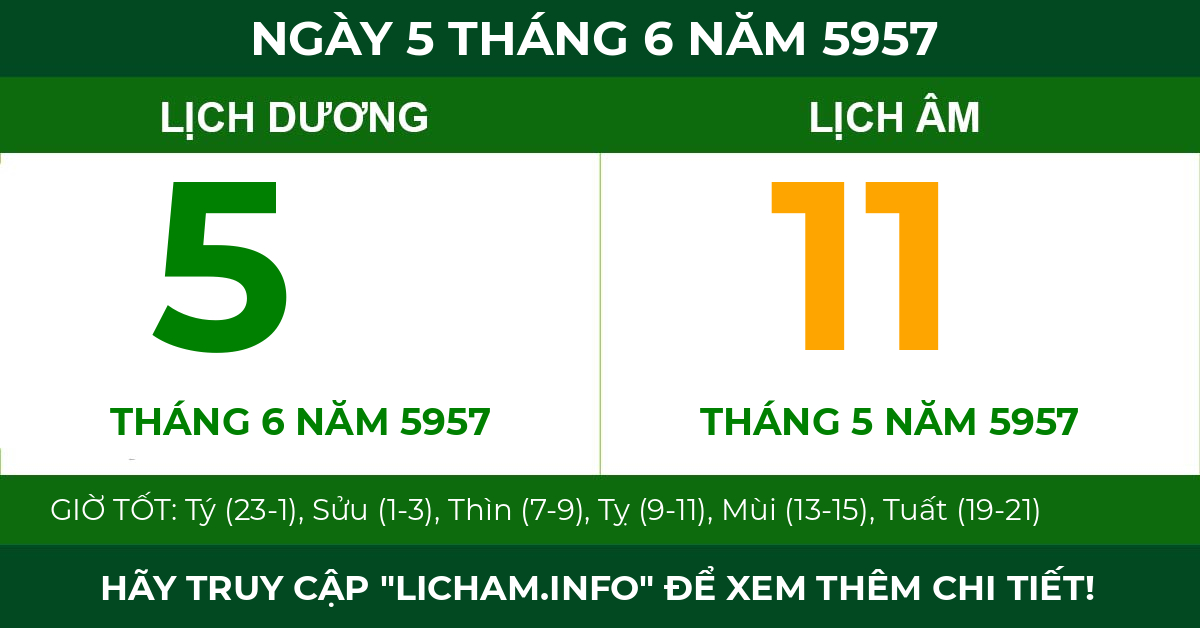 lịch âm ngày 5 tháng 6 năm 5957