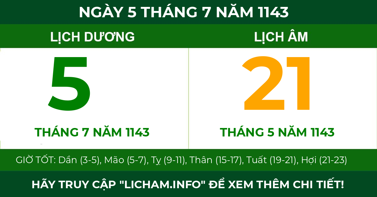 lịch âm ngày 5 tháng 7 năm 1143