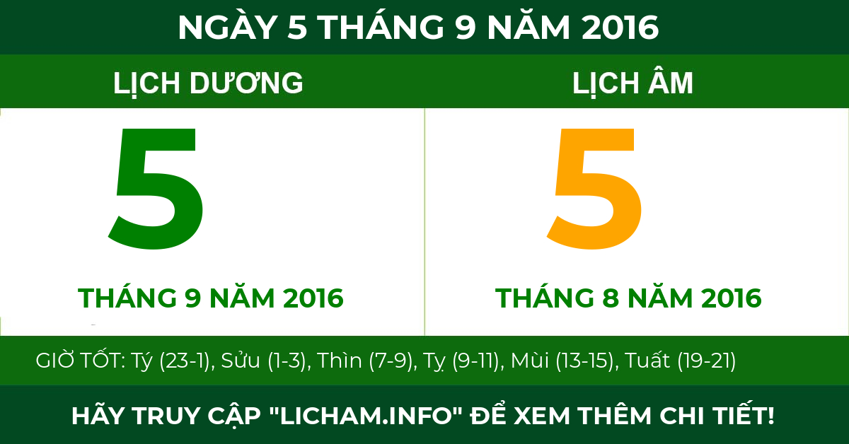 lịch âm ngày 5 tháng 9 năm 2016