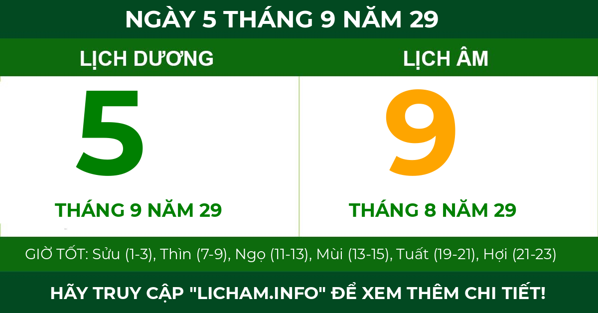 lịch âm ngày 5 tháng 9 năm 29