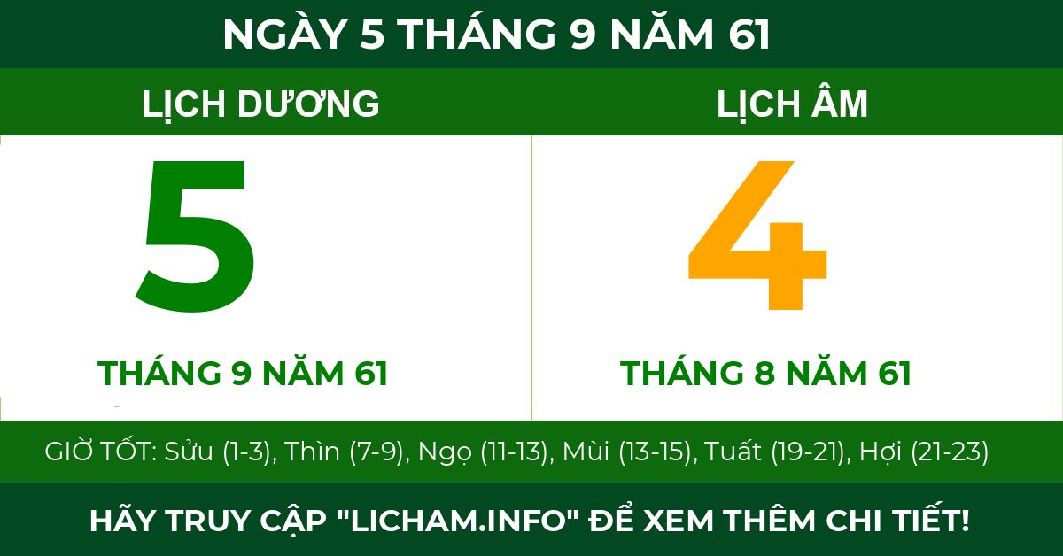 lịch âm ngày 5 tháng 9 năm 61