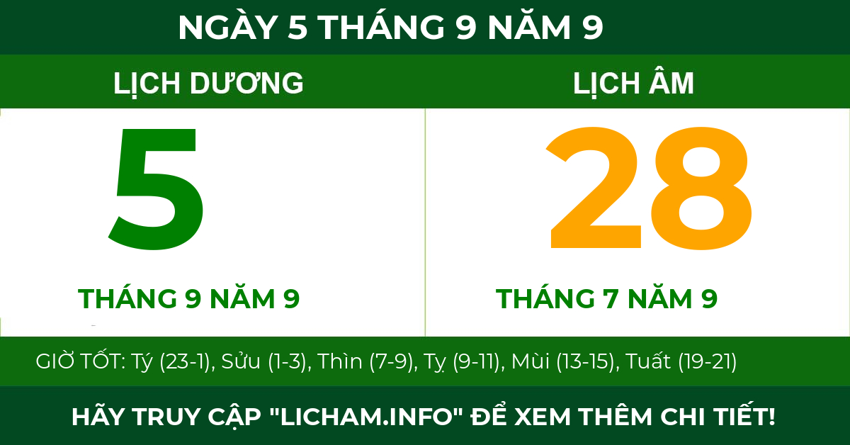 lịch âm ngày 5 tháng 9 năm 9