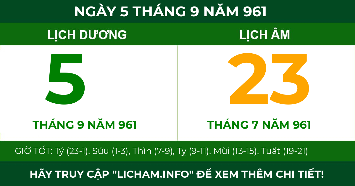 lịch âm ngày 5 tháng 9 năm 961
