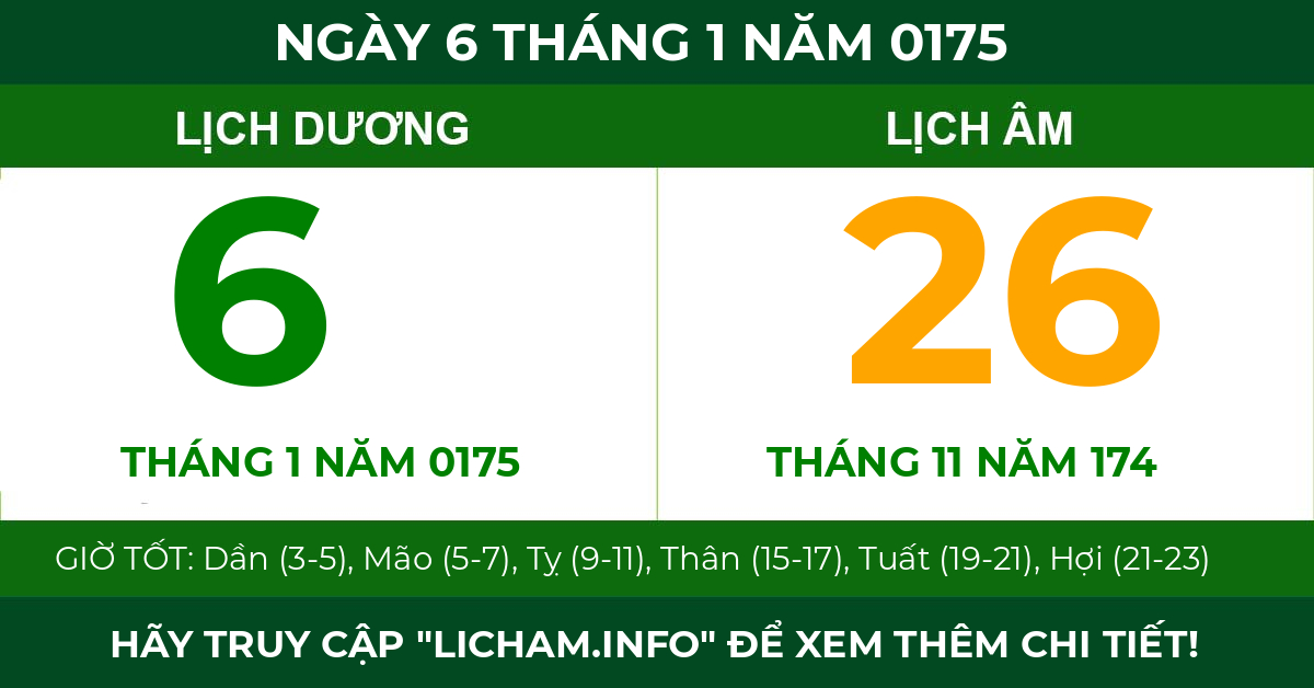 lịch âm ngày 6 tháng 1 năm 0175