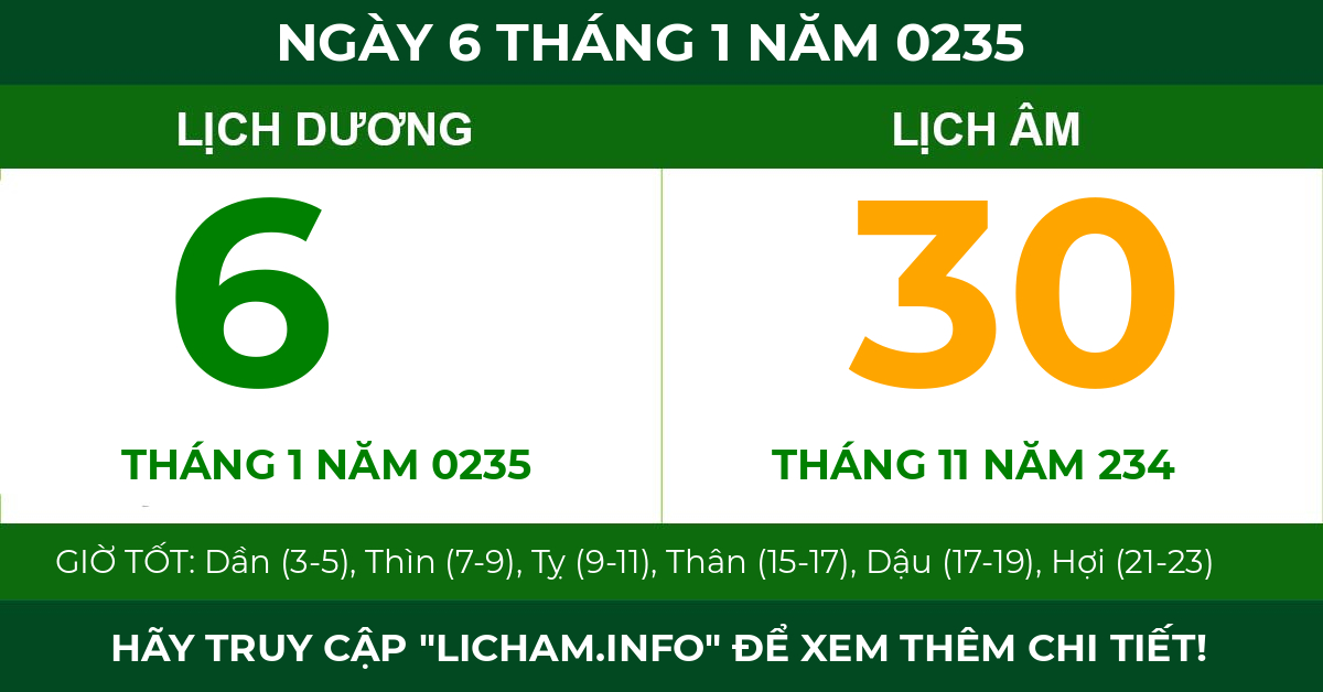 lịch âm ngày 6 tháng 1 năm 0235