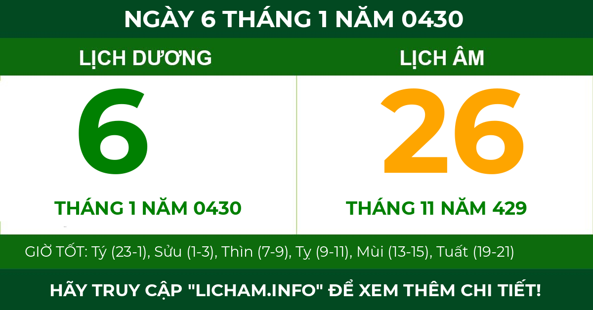 lịch âm ngày 6 tháng 1 năm 0430