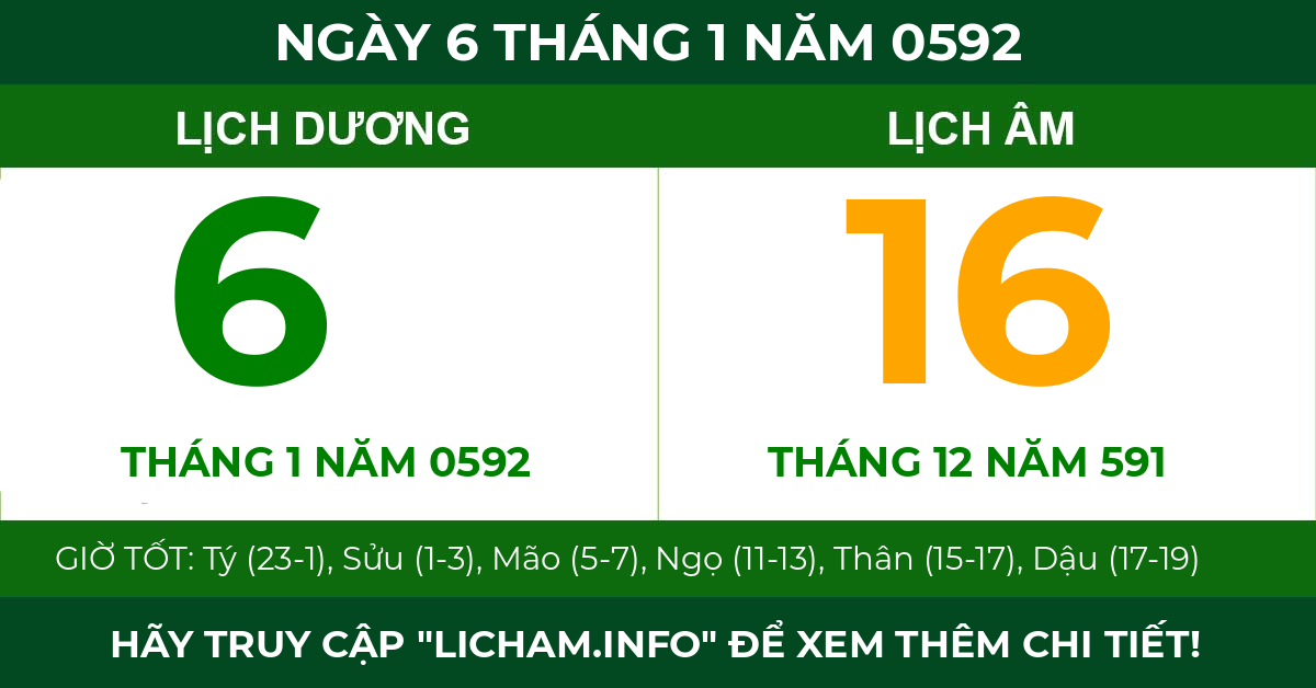 lịch âm ngày 6 tháng 1 năm 0592