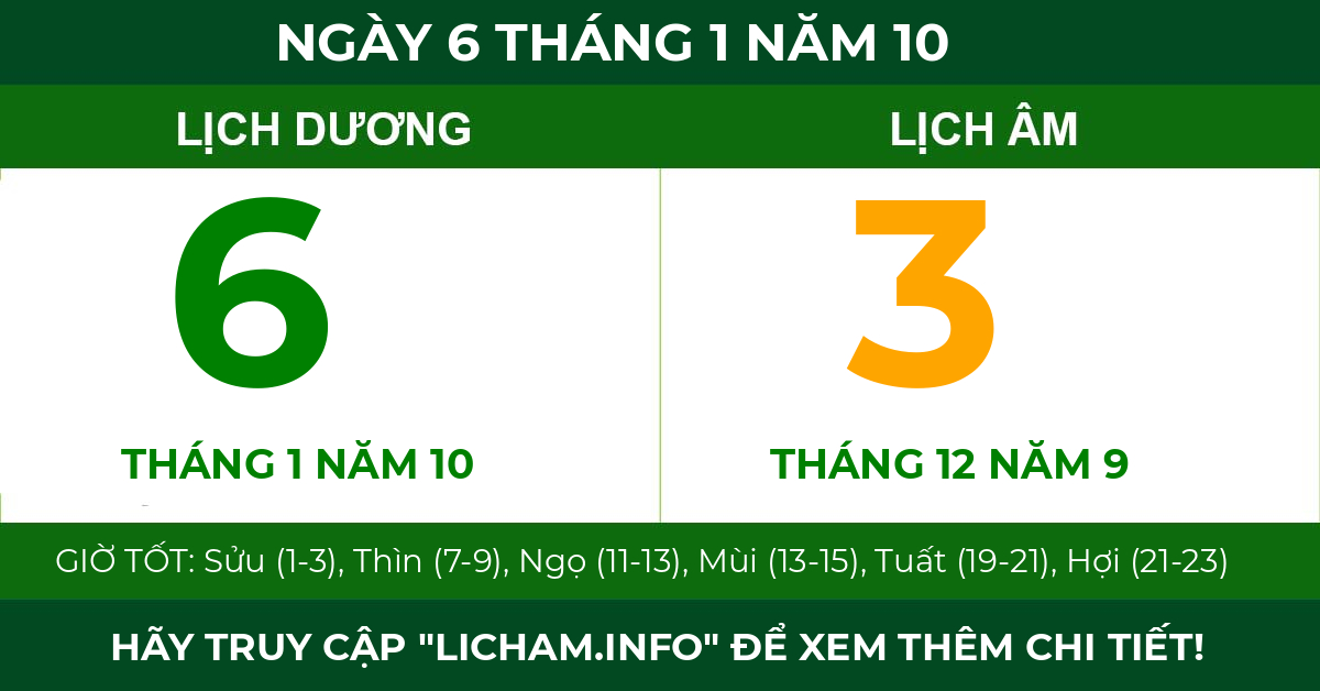 lịch âm ngày 6 tháng 1 năm 10