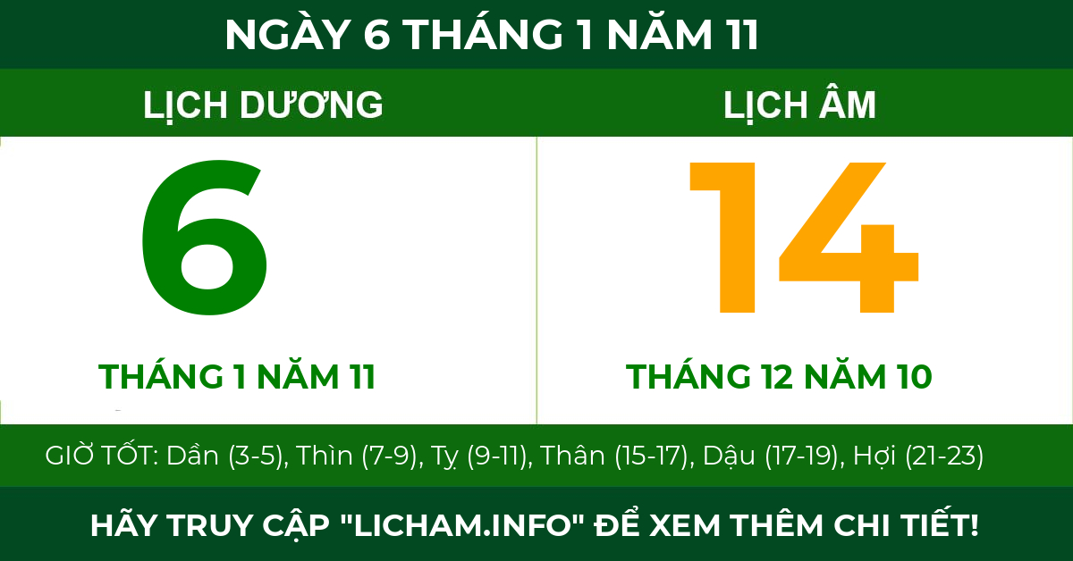 lịch âm ngày 6 tháng 1 năm 11