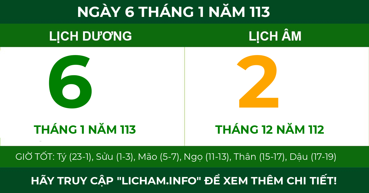 lịch âm ngày 6 tháng 1 năm 113
