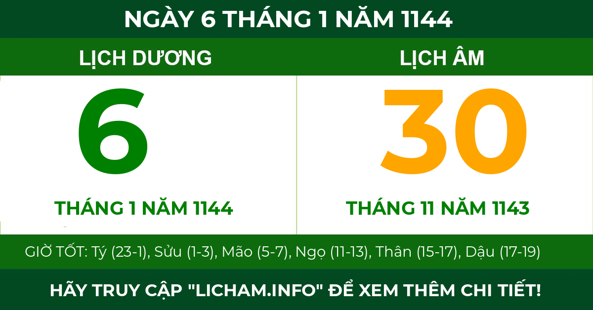 lịch âm ngày 6 tháng 1 năm 1144