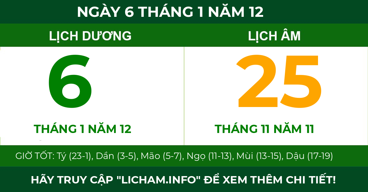 lịch âm ngày 6 tháng 1 năm 12