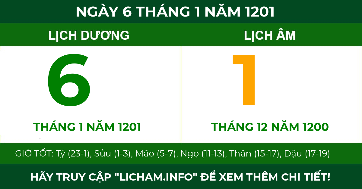 lịch âm ngày 6 tháng 1 năm 1201