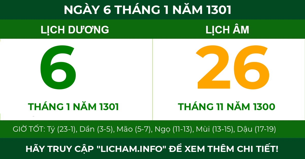 lịch âm ngày 6 tháng 1 năm 1301