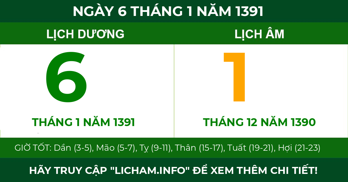lịch âm ngày 6 tháng 1 năm 1391