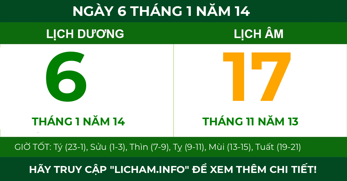 lịch âm ngày 6 tháng 1 năm 14