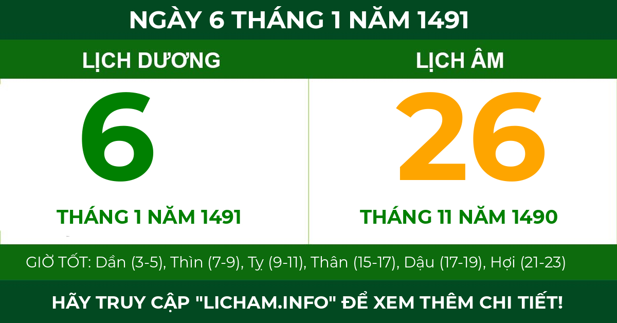 lịch âm ngày 6 tháng 1 năm 1491