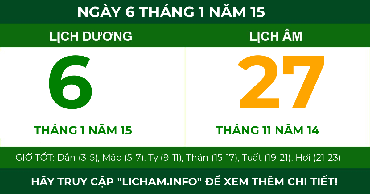 lịch âm ngày 6 tháng 1 năm 15