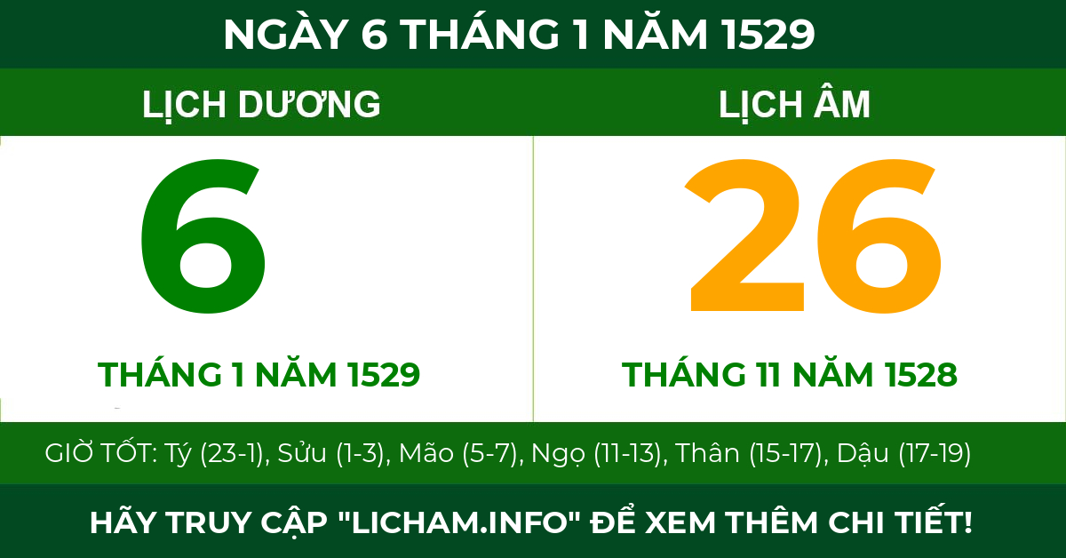lịch âm ngày 6 tháng 1 năm 1529