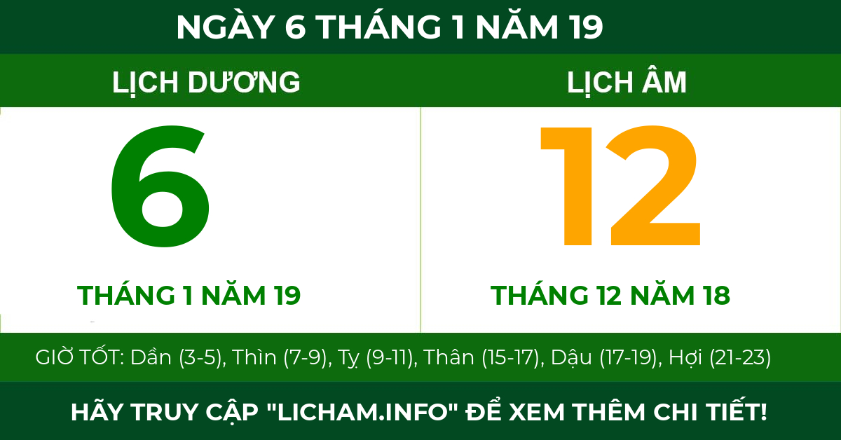 lịch âm ngày 6 tháng 1 năm 19