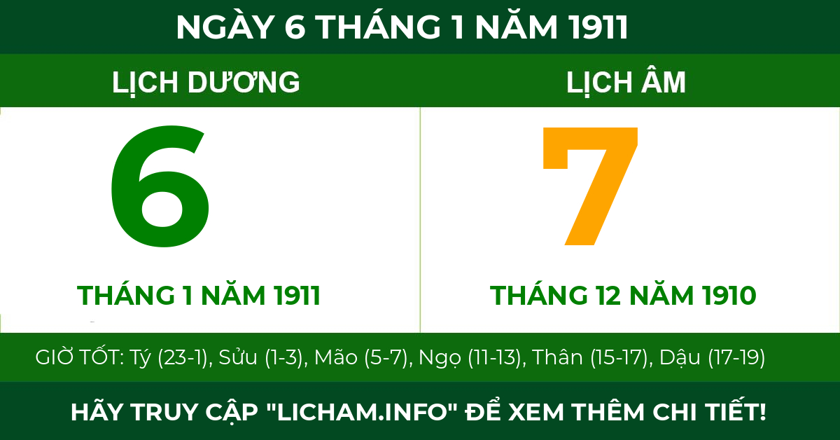 lịch âm ngày 6 tháng 1 năm 1911