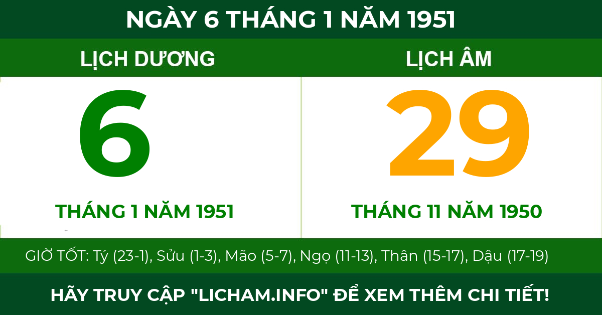 lịch âm ngày 6 tháng 1 năm 1951