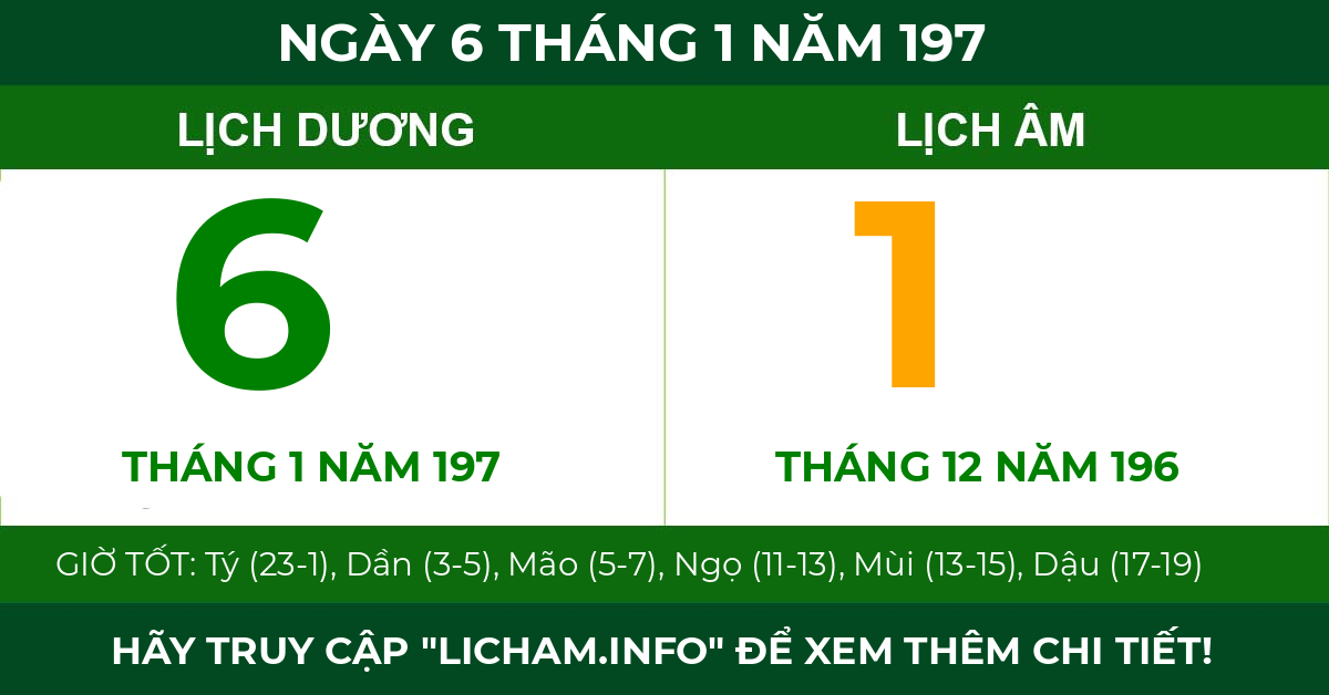 lịch âm ngày 6 tháng 1 năm 197