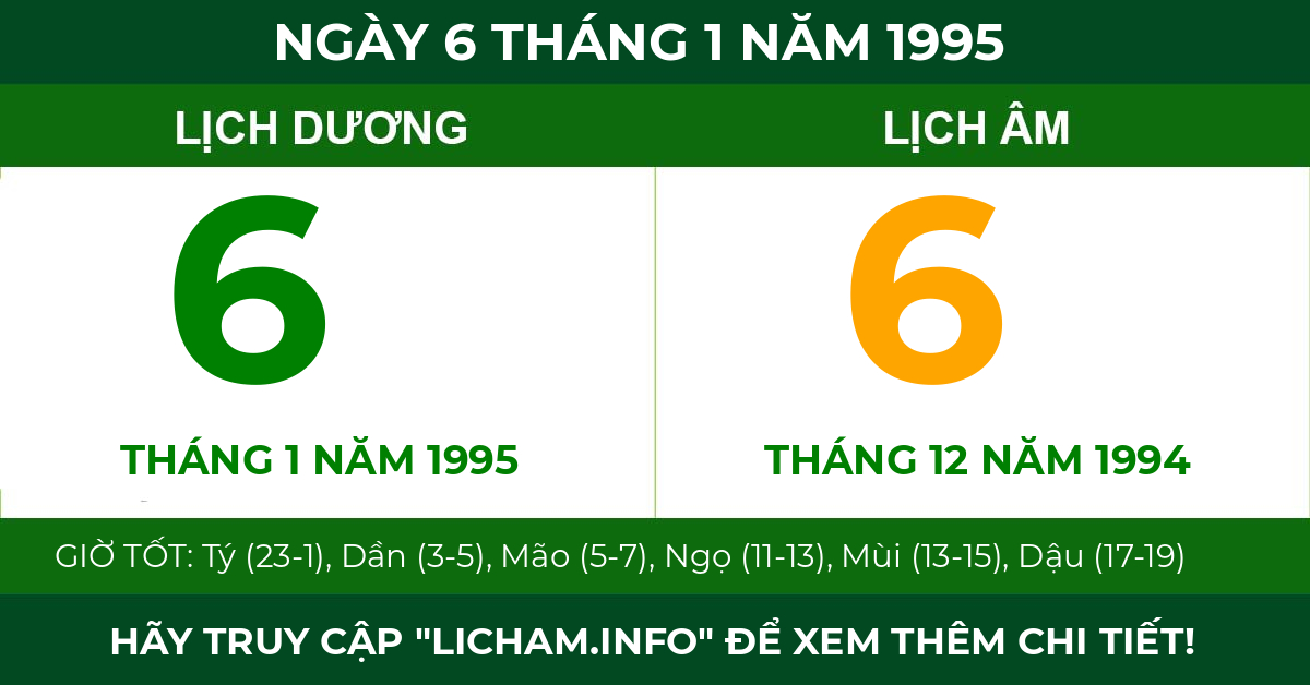 lịch âm ngày 6 tháng 1 năm 1995