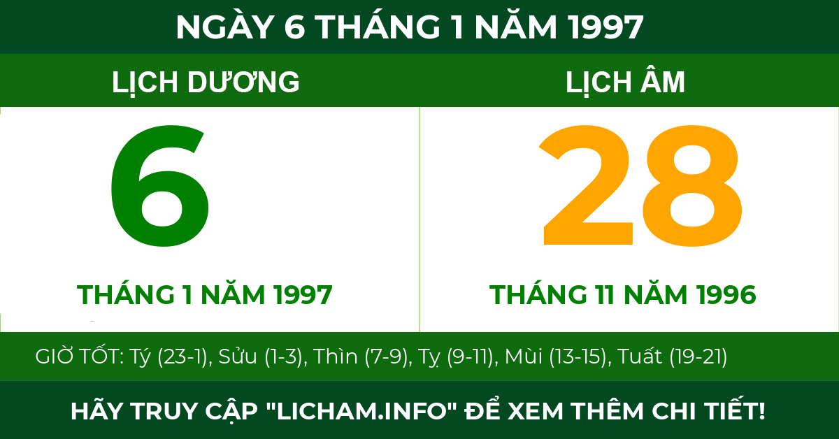 lịch âm ngày 6 tháng 1 năm 1997